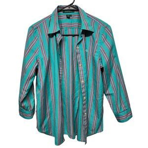 2/$20   Lauren Ralph Lauren Women's Striped Button-Up Multicolor 3/4 Sleeve